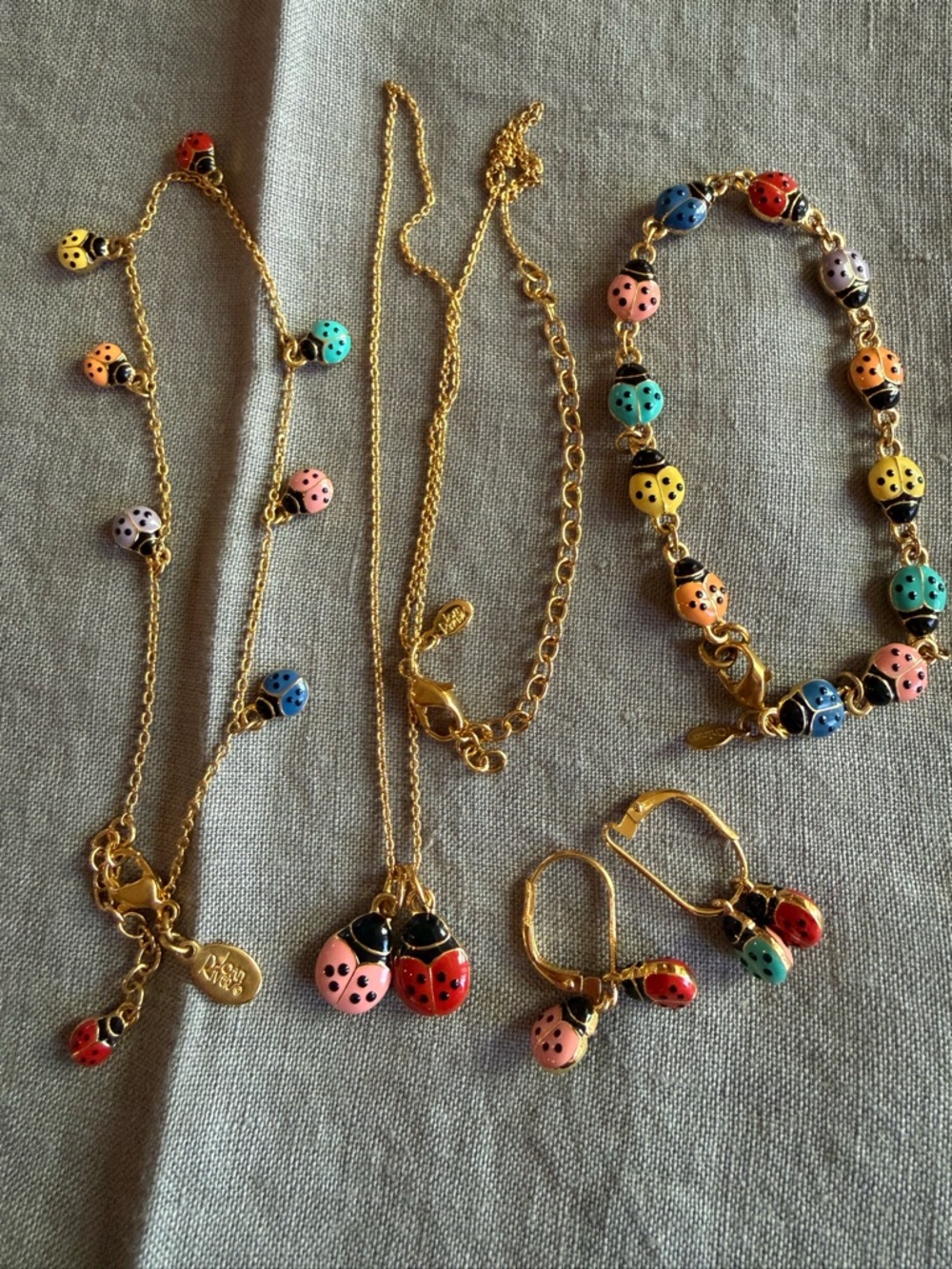 Joan Rivers LadyBug Set Necklace Bracelet Earrings & Anklet Gold Tone Vintage